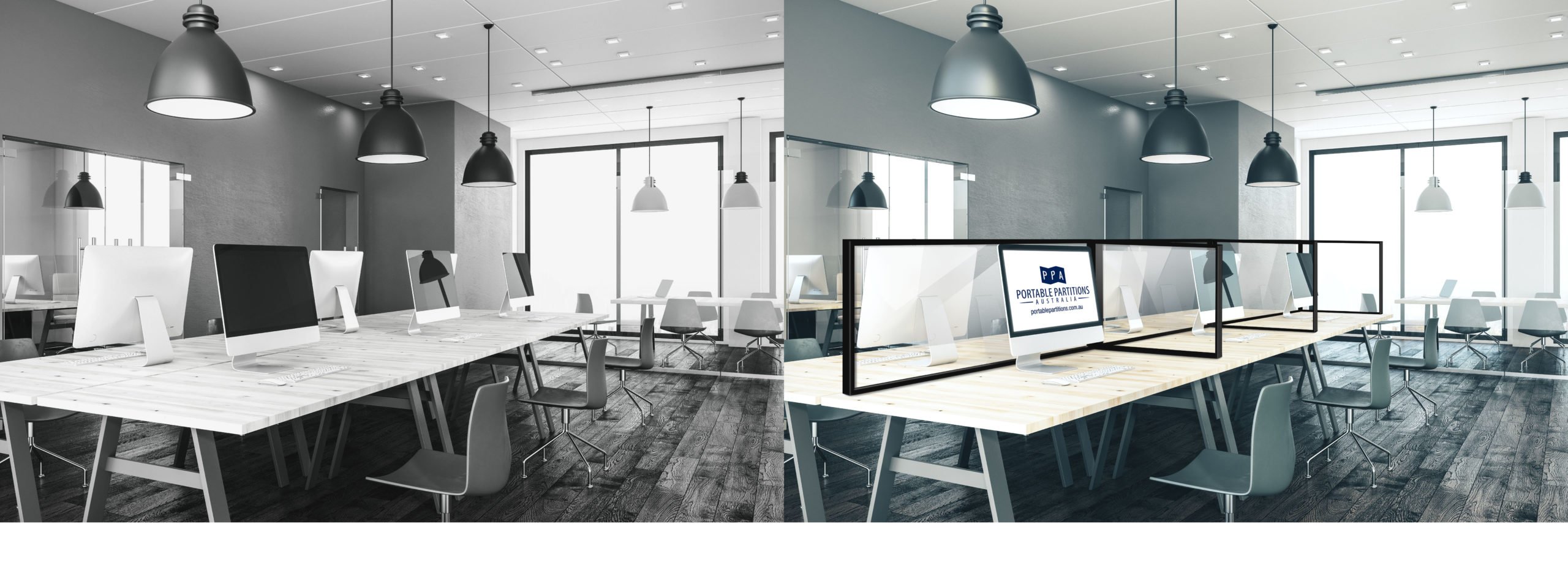 Office desktop protection screens - sneeze guards designed to keep office staff safe from COVID-19 as people start returning to work