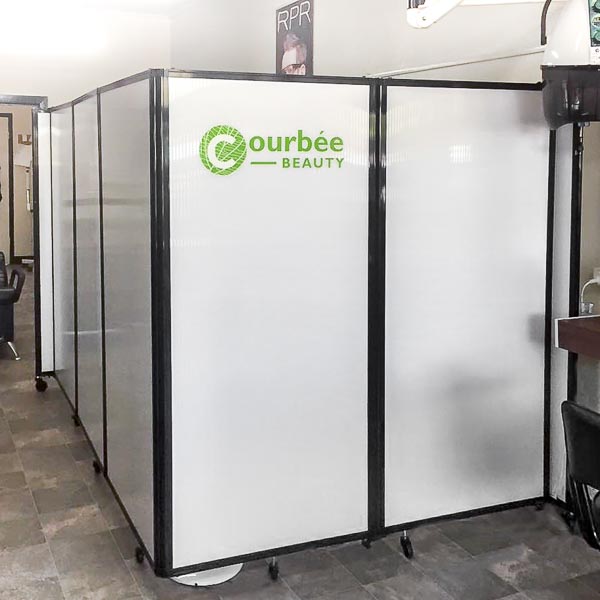 branded room divider at Courbee beauty hair salon to create a private room